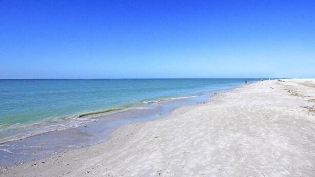 Ein Strand mit klarem, blauem Wasser und einem Sandufer.