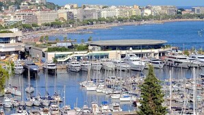 A marina with numerous boats docked, surrounded by buildings and a clear view of the sea.