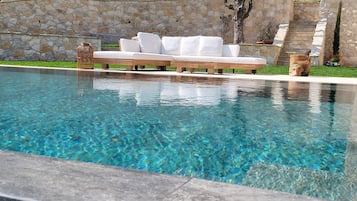 Seasonal outdoor pool, pool umbrellas, pool loungers