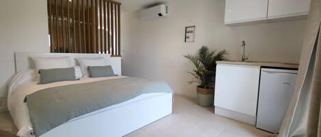 A bedroom with a bed, a bedside table, a potted plant, a wardrobe, and a built-in air conditioning unit.