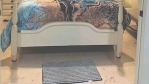 A bedroom with a bed, bedside lamps, a ceiling fan, a framed picture on the wall, and a doormat on the floor.