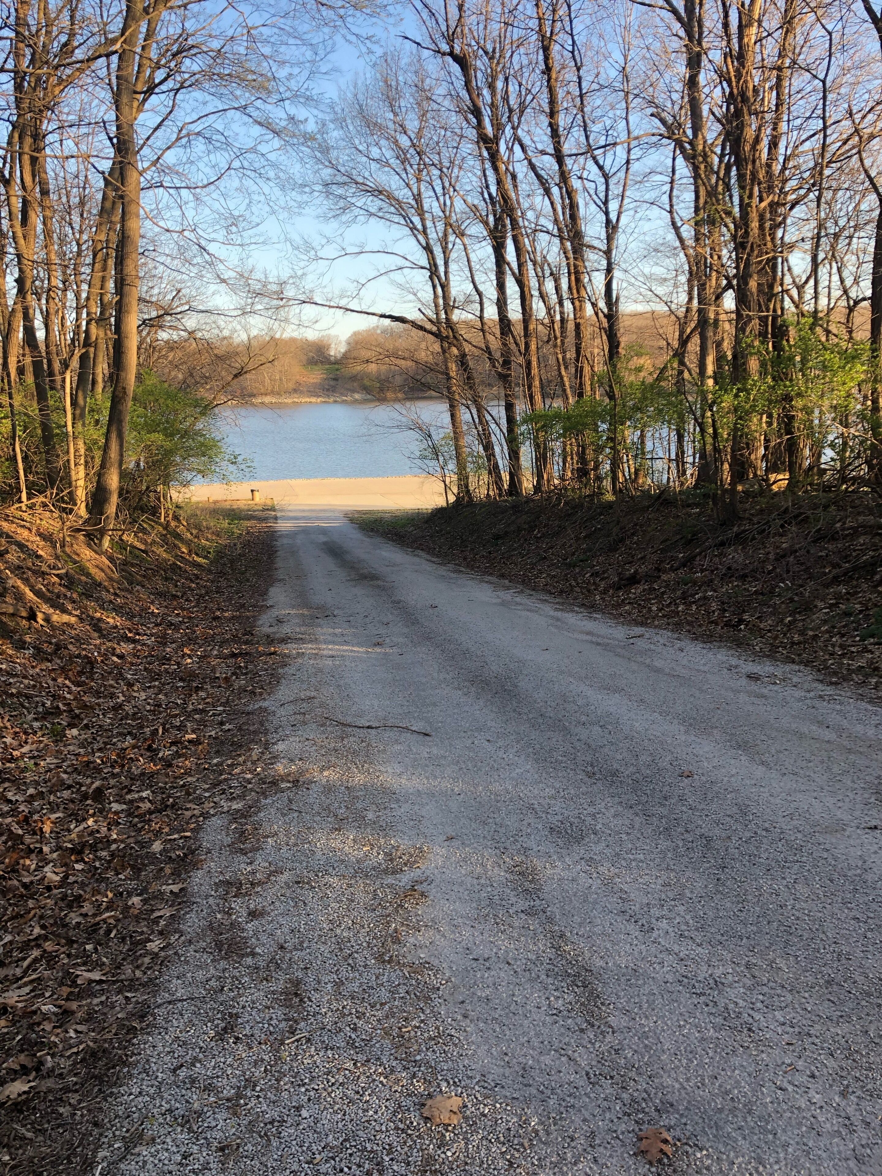 A gravel road leading to a body of water, surrounded by leafless trees and a clear sky.