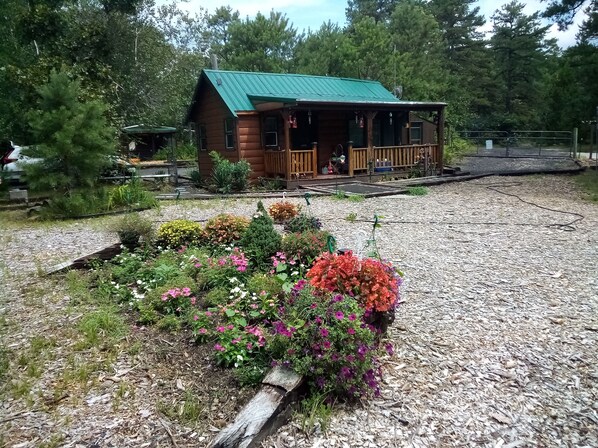 A rustic cabin with a green roof, surrounded by a garden with various flowers and a wooden fence.