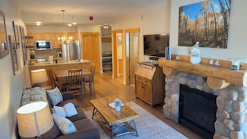 Televisión, chimenea, reproductor de DVD, estéreo