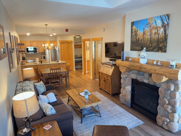 TV, fireplace, DVD player, stereo