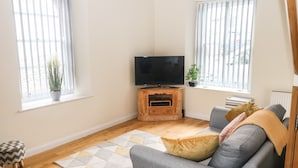 A living room with a grey sofa, a wooden entertainment unit with a TV, a patterned rug, and a potted plant by a window. - 1 Greenswood Court (Brixham)