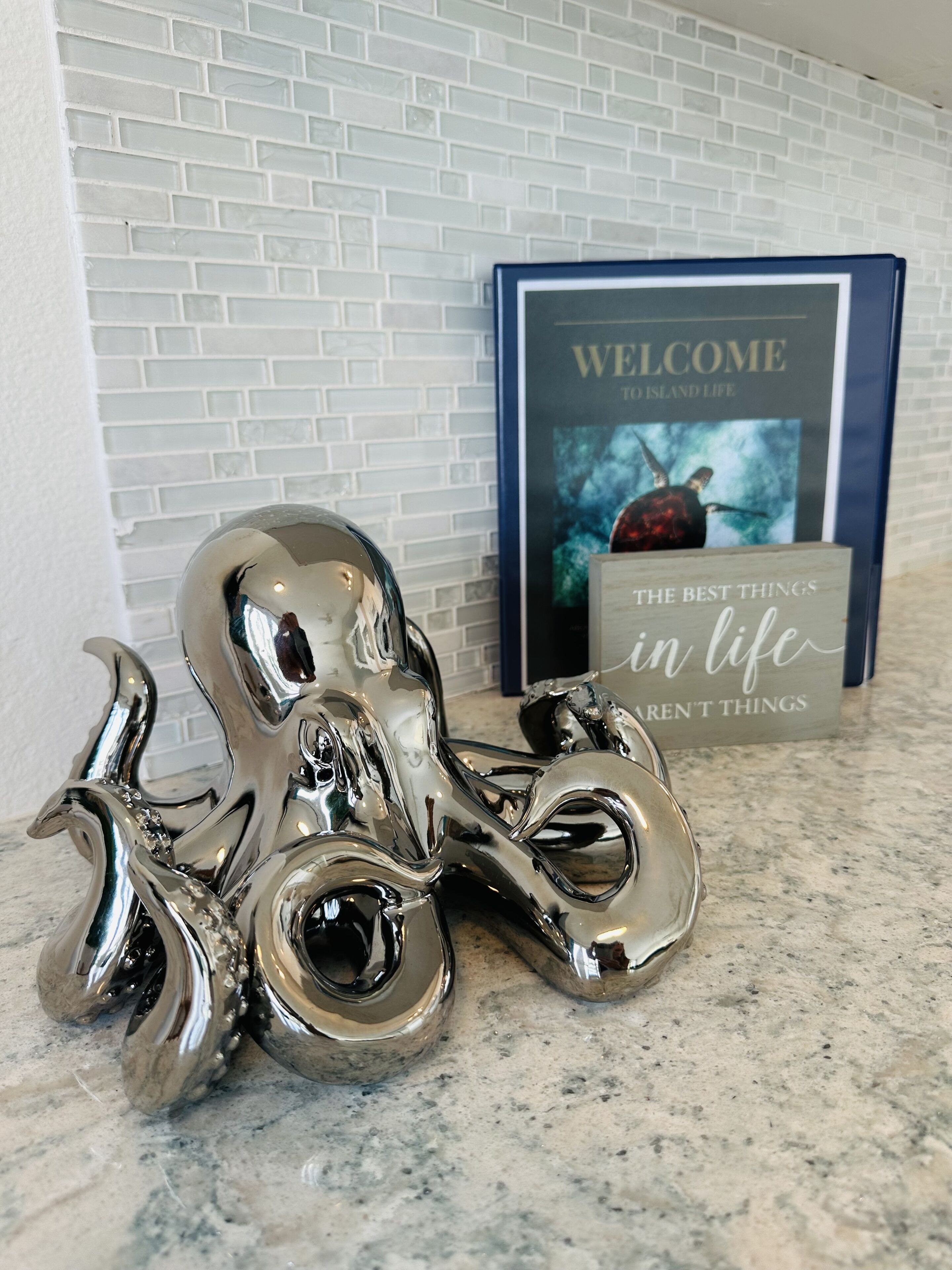 A decorative silver octopus sculpture on a kitchen counter, a framed welcome sign, and a book titled "The Best Things in Life."