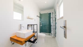 A modern bathroom with a white sink, a mirror, a shower with a glass door, and a toilet.