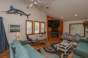 TV, fireplace, DVD player, stereo