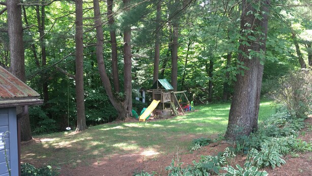 Ein von Bäumen umgebener Garten mit einem Spielhäuschen, einer Rutsche und einer Schaukel.
