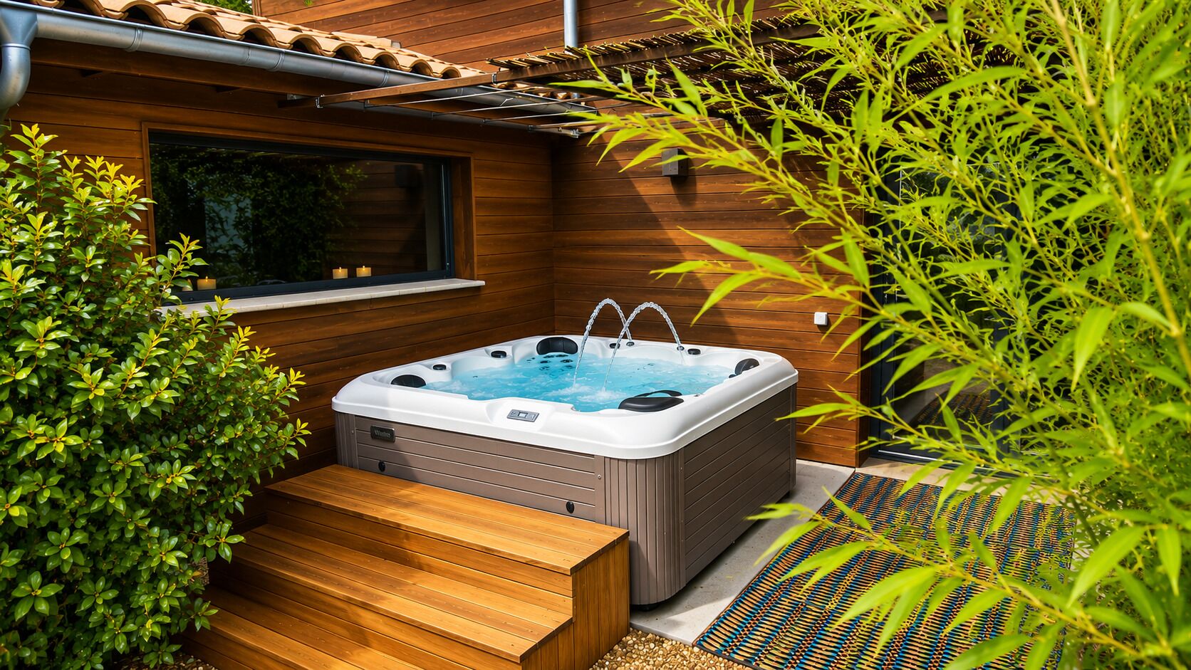 Un bain à remous situé dans un espace extérieur en bois, accessible par des marches.