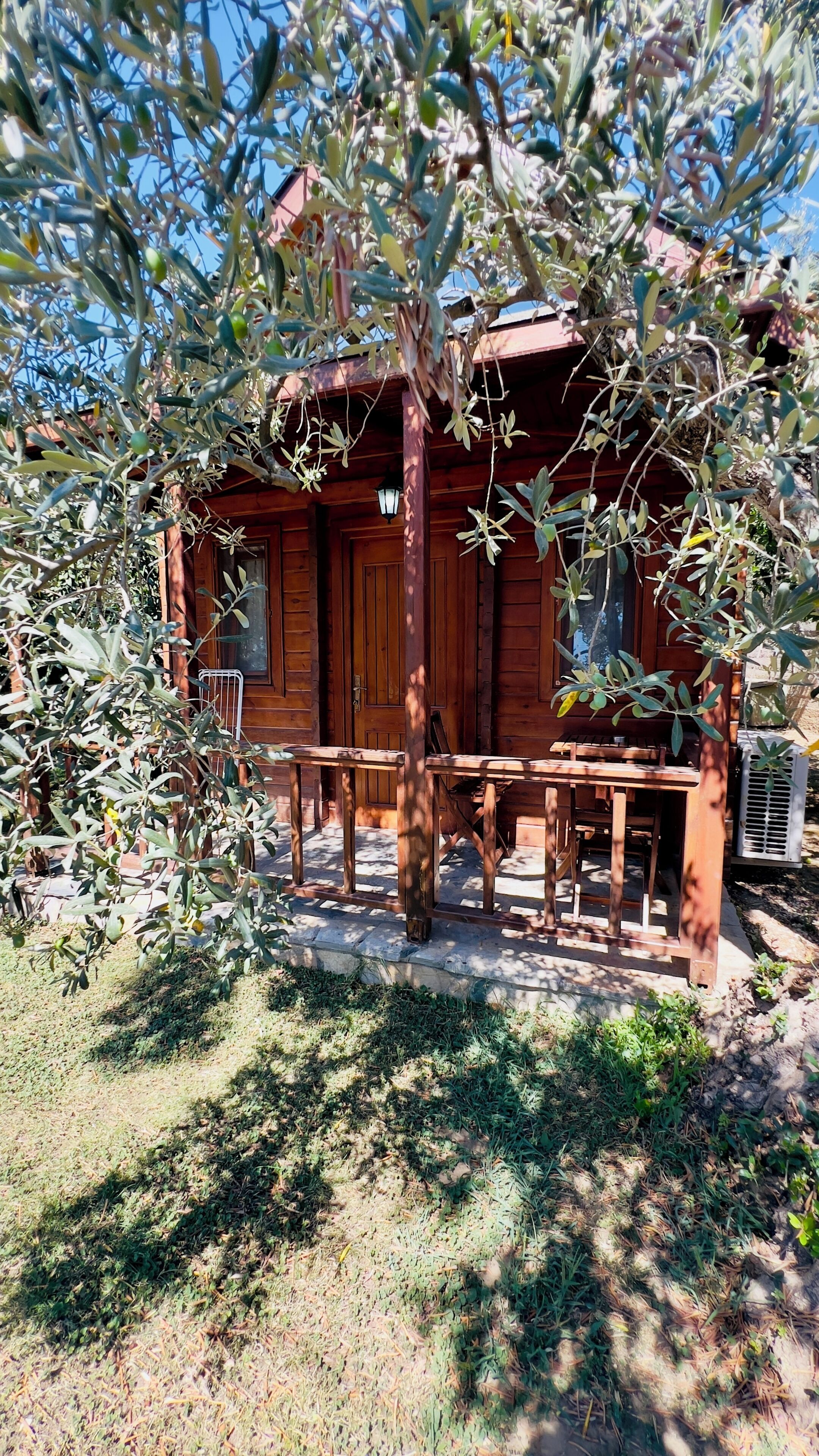 A wooden cabin with a porch, surrounded by trees and grass.