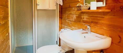 Baño de cabaña de madera con inodoro, lavamanos y ducha.