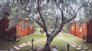 A courtyard with two red wooden buildings, a central tree, and stone pathways. - Yelkovan Zeytin Evi (Marmara)