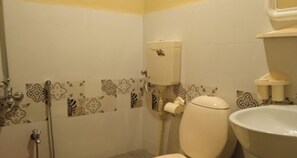 Bathroom features a toilet, sink, and showerhead.
