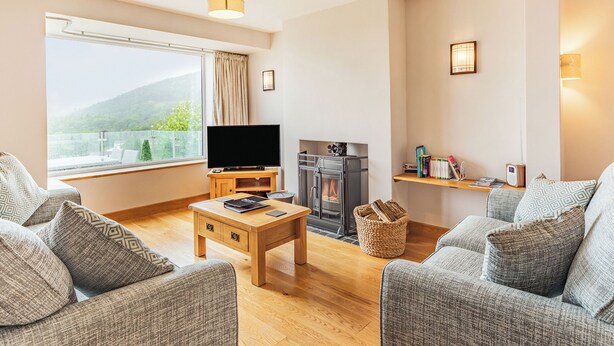 A living room with a television, fireplace, and bookshelves. - 4 bedroom accommodation in Keswick (Keswick)