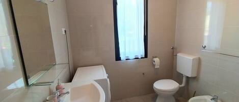 Bathtub, hair dryer, towels, toilet paper