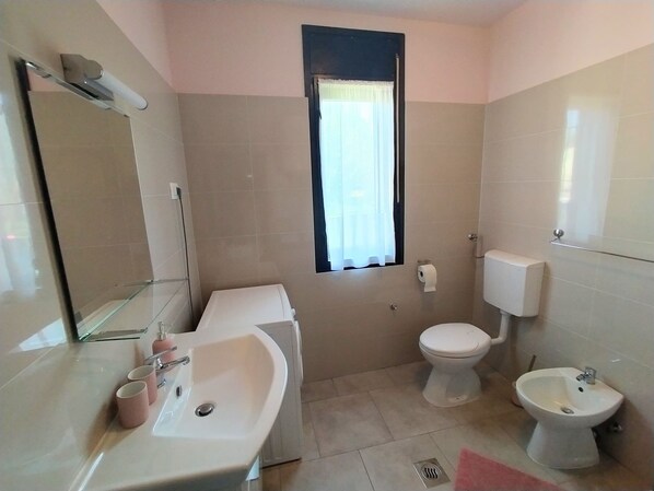A bathroom with a sink, toilet, bidet, and a mirror.