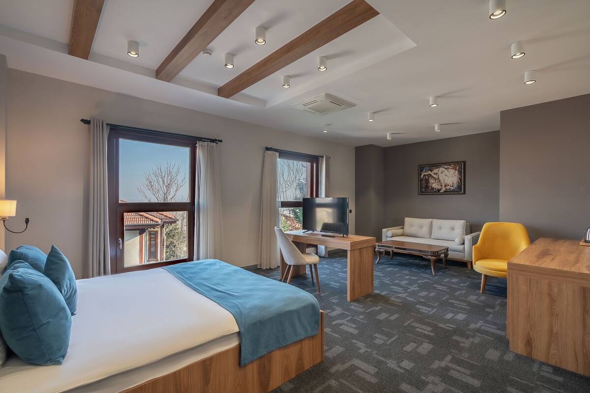 A hotel room with a bed, desk, sofa, and a TV.