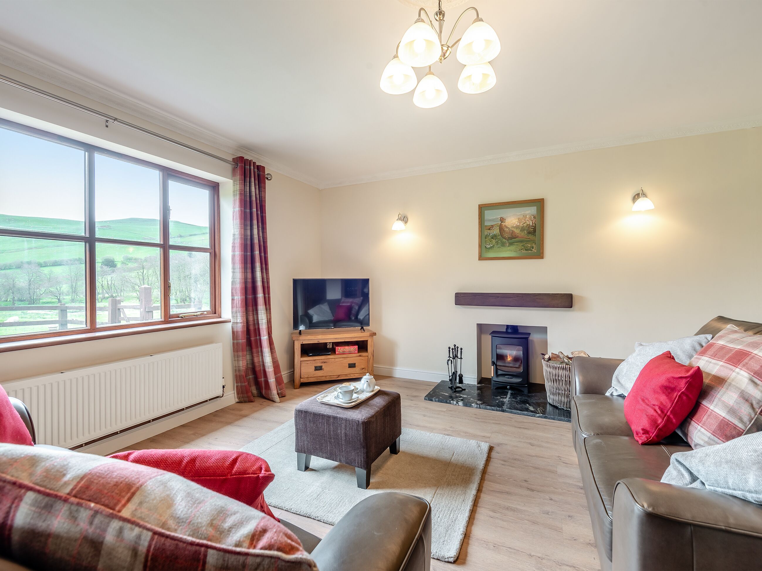 A living room with a fireplace, a television, and a large window with a view of the countryside.