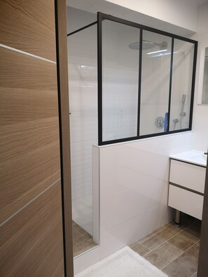 Douche, séchoir à cheveux, serviettes fournies, savon