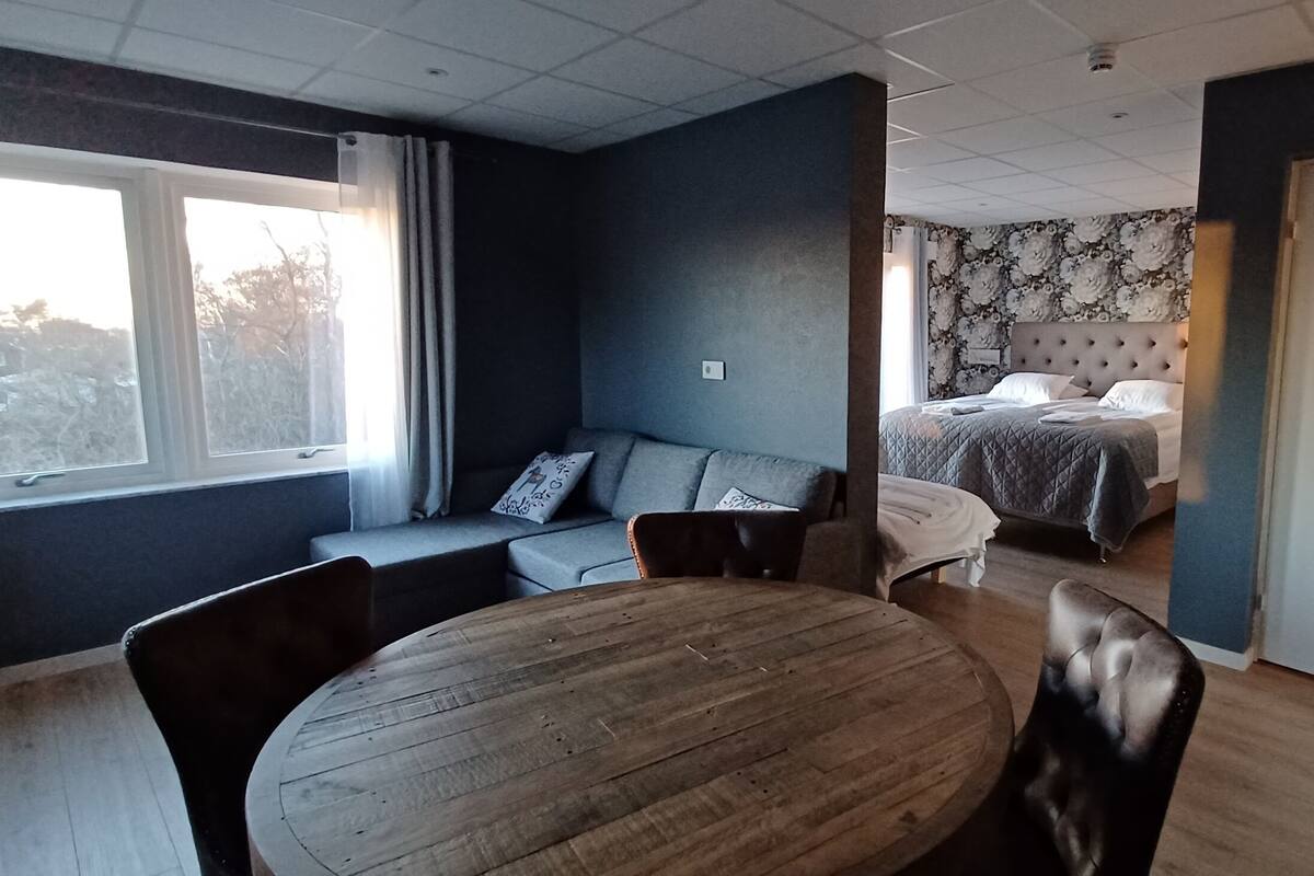 A room with a bed, a sofa, a dining table, and a chair.