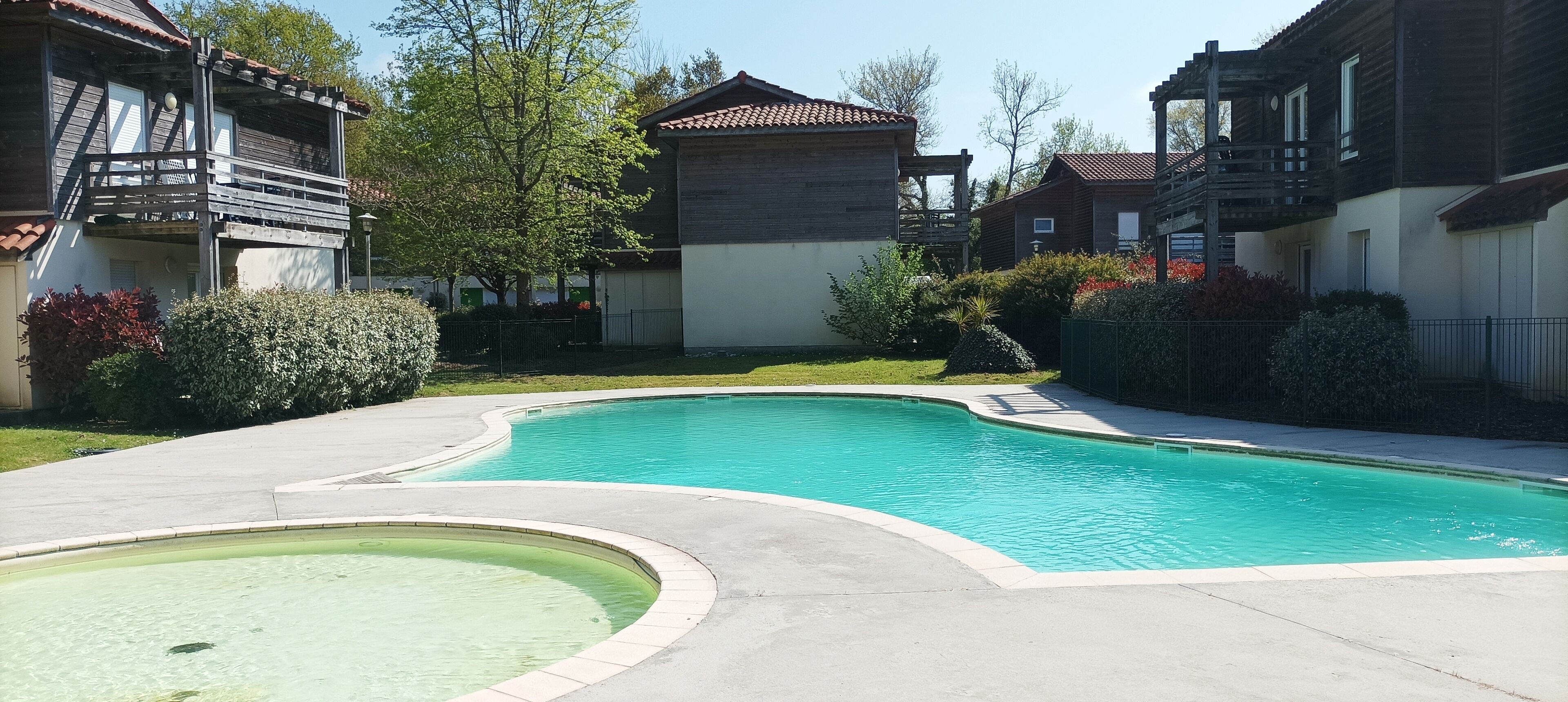 Una piscina de diseño curvo, rodeada por un suelo de hormigón. Se observan edificios de madera con balcones y un árbol al fondo.