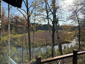 Enjoy a serene view from this outdoor deck overlooking a natural landscape with trees and a body of water.