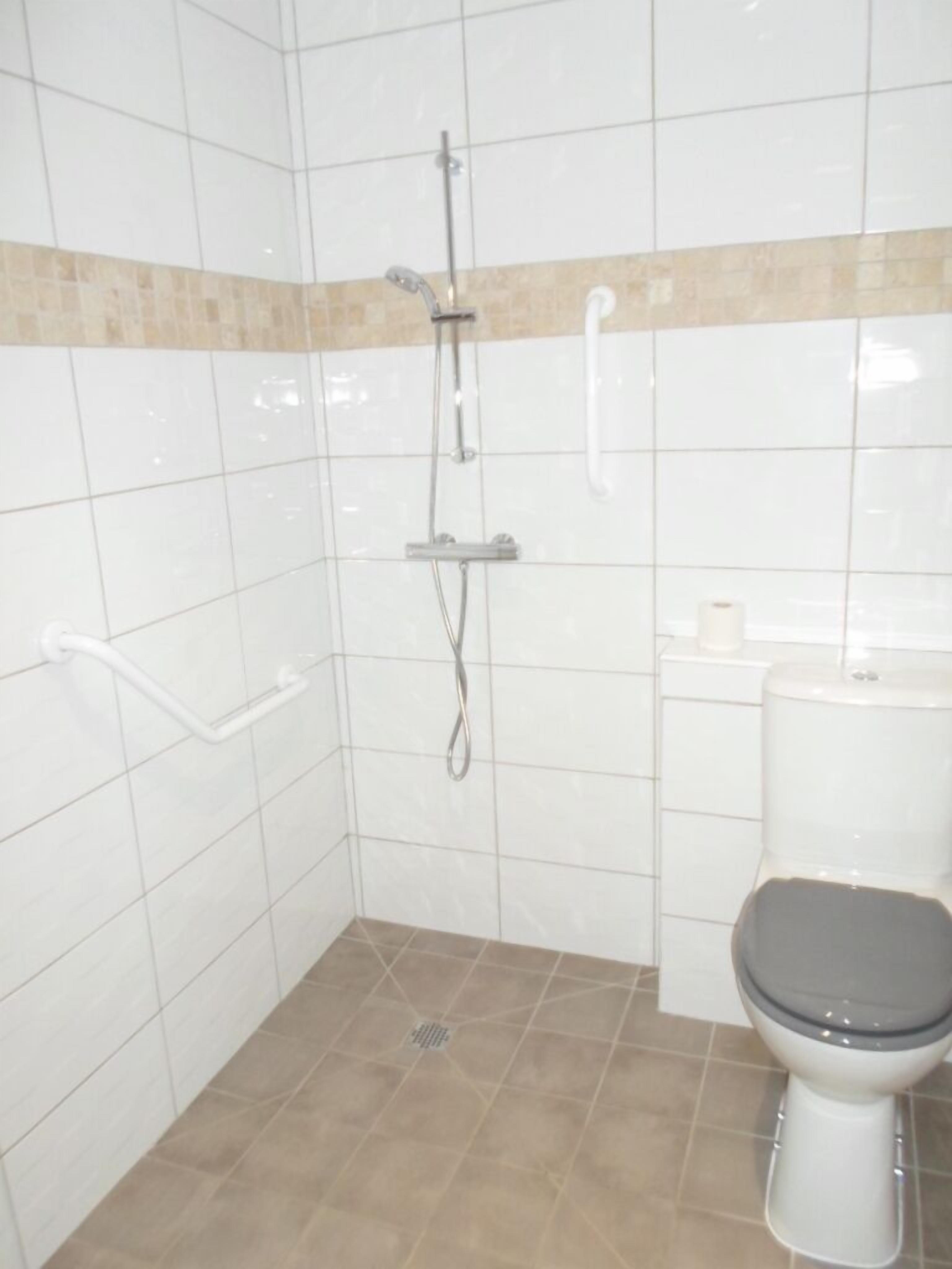 A small, tiled bathroom with a shower, toilet, and grab bar.