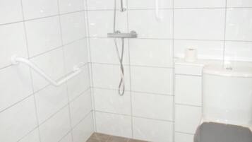 A small, tiled bathroom with a shower, toilet, and grab bar.