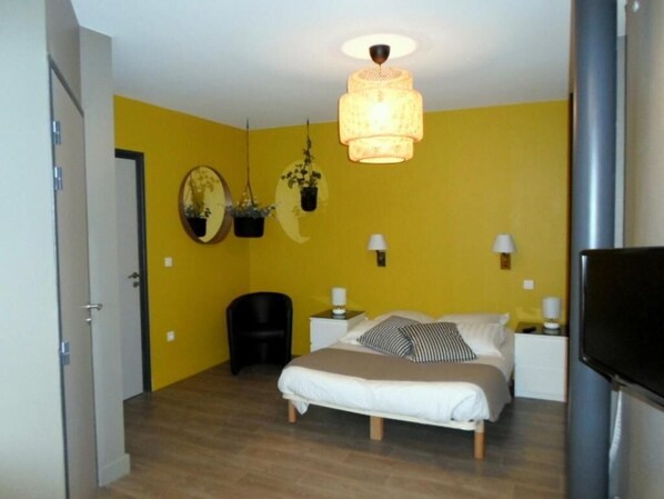 Un dormitorio con cama, mesitas de noche, televisor, lámpara colgante y un espejo en la pared.