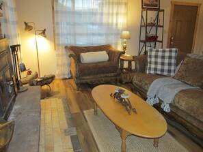 Cheminée, livres, médiathèque, chaîne hi-fi