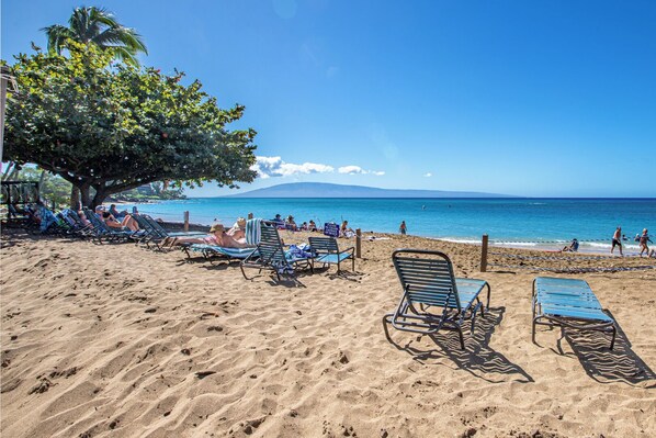 On the beach, sun-loungers, beach towels