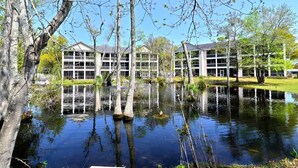 Een gebouw met een reflecterend waterlichaam ervoor, omringd door bomen.