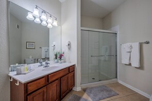 Hair dryer, towels, soap, shampoo