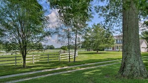 A grassy area with trees and a white fence. - Renovated Bunkhouse on 12-Acre Horse Farm! (Perrysville)