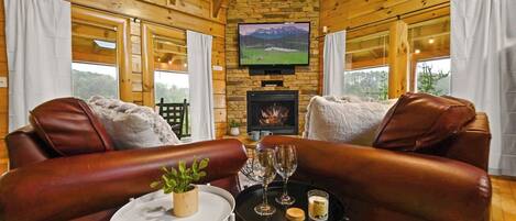 Smart TV, fireplace, video games, DVD player