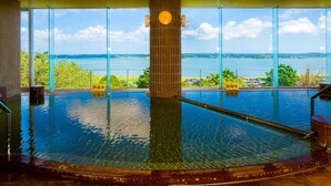Une piscine intérieure offrant une vue dégagée sur un lac et des montagnes lointaines.