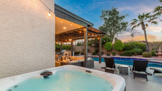 Terrace/patio - Vacation in Style at the Desert Palms with 3 Primary Suites, Heated Pool, More! (Scottsdale)