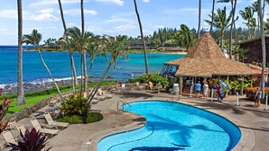 Ein Swimmingpool mit einem Delfin, umgeben von Liegestühlen und Palmen, mit Blick auf einen Strand und das Meer.
