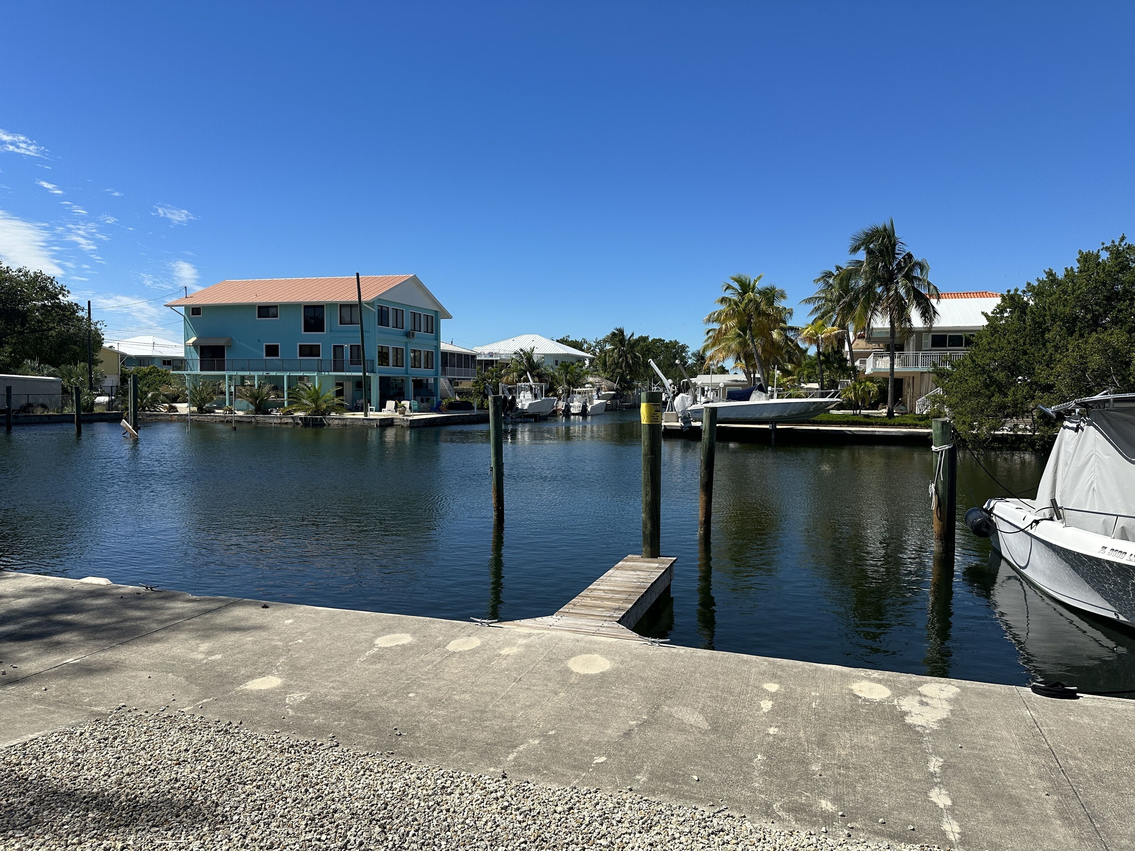 A marina with boats docked, a blue house with a red roof, and palm trees.
