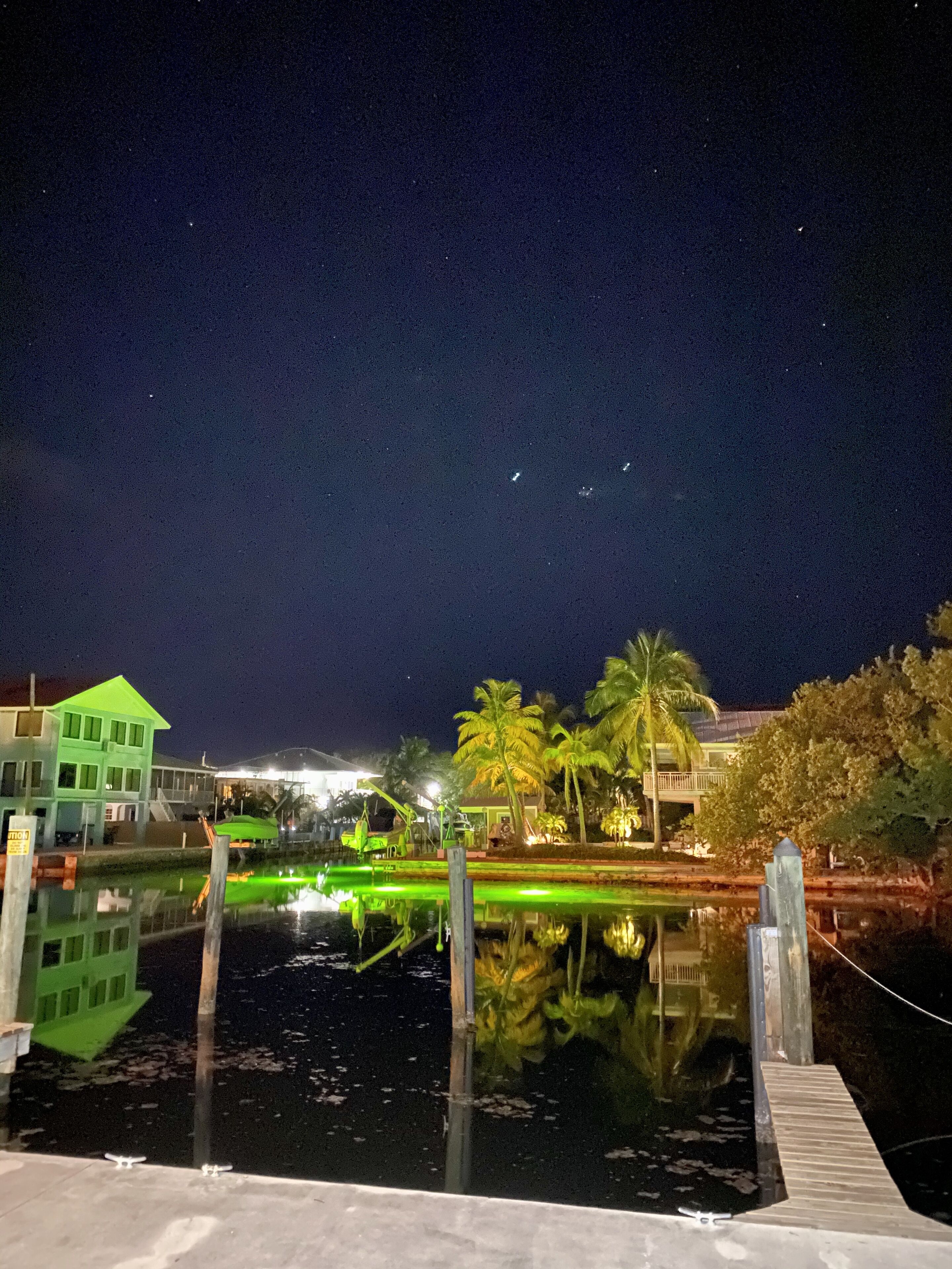 A nighttime view of a waterfront area with a dock, a green building, and palm trees.