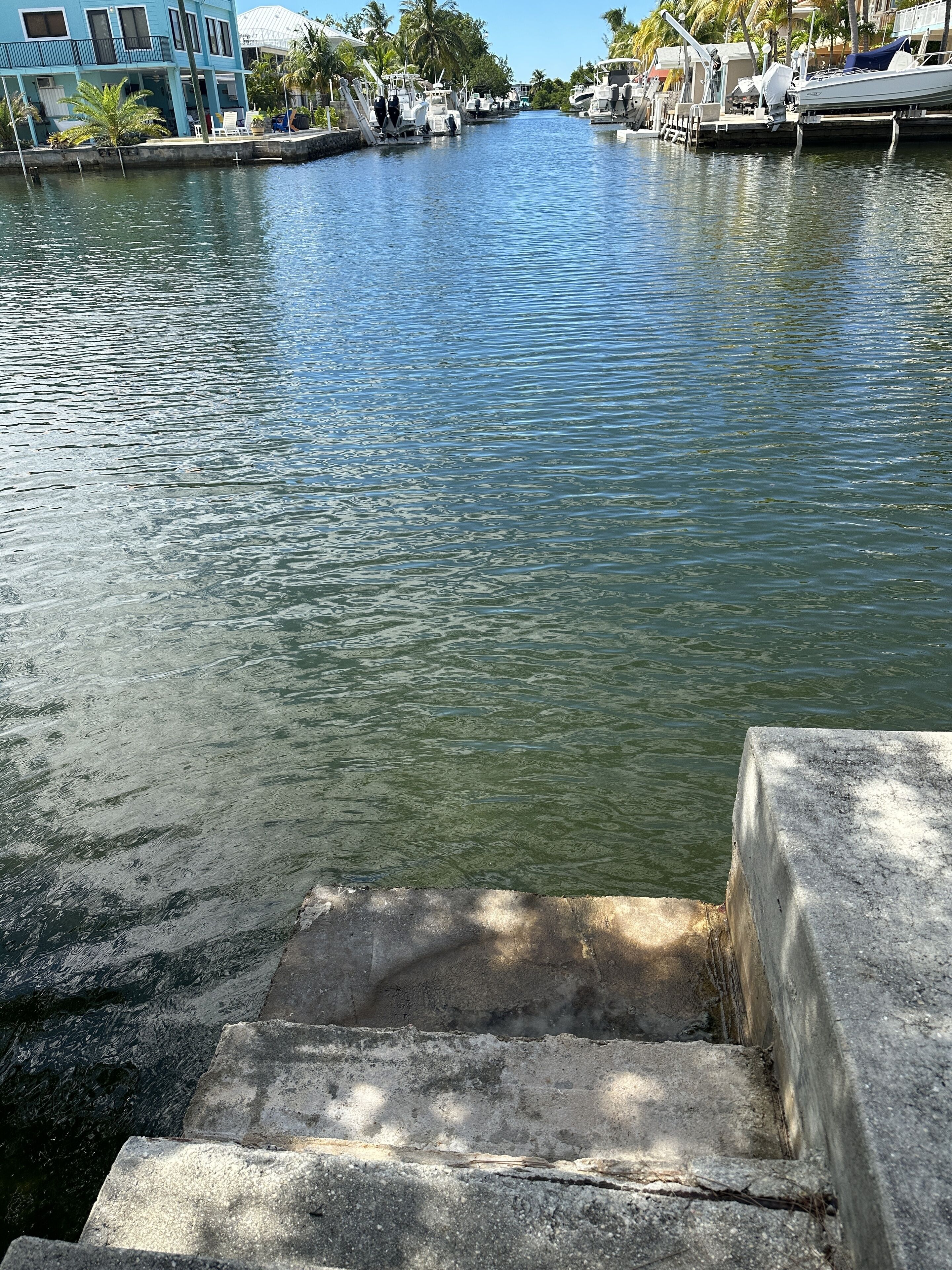 A canal with boats docked on the right, a concrete staircase leading into the water, and a blue building on the left.