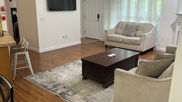 TV connectée, cheminée, livres, chaîne hi-fi