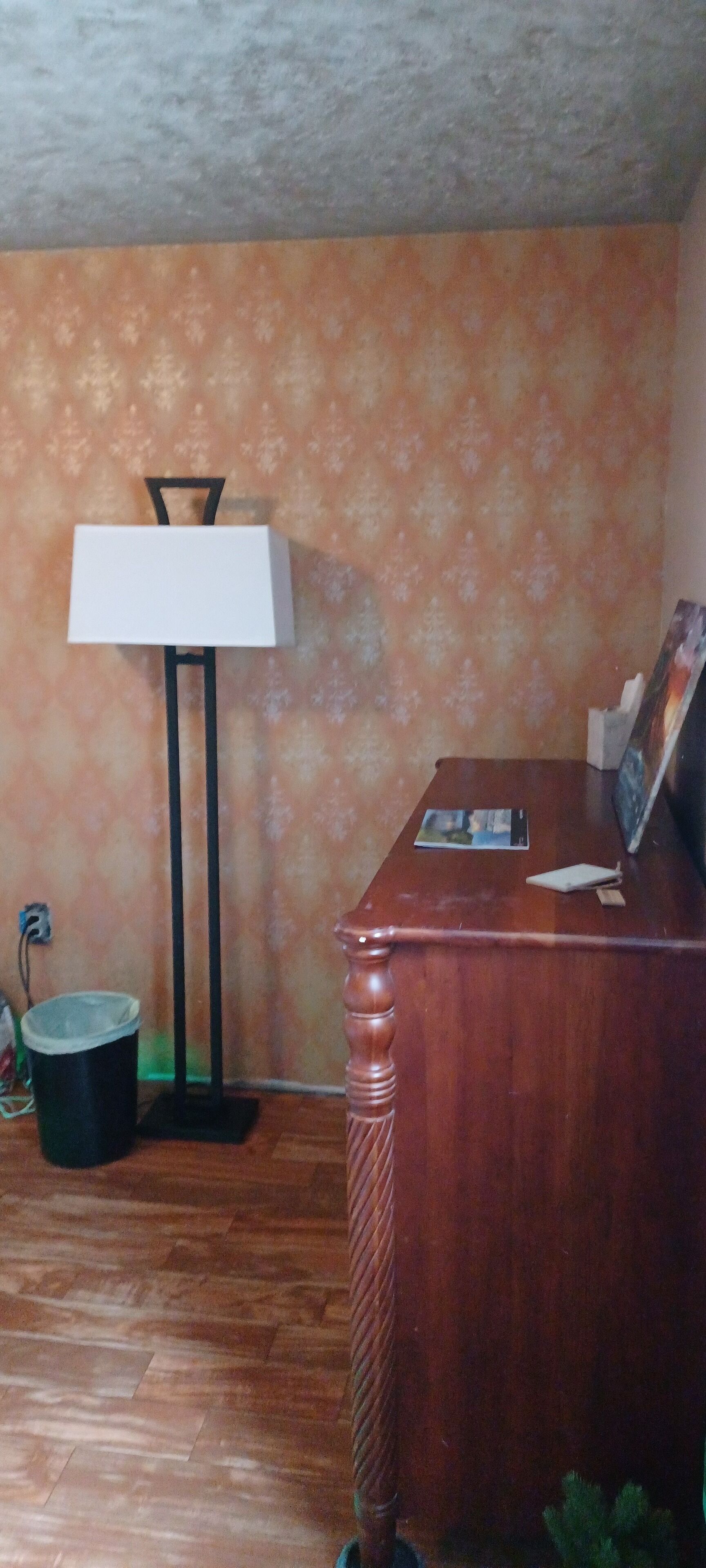 A room with a wooden floor, a desk with a lamp, and a patterned wall.