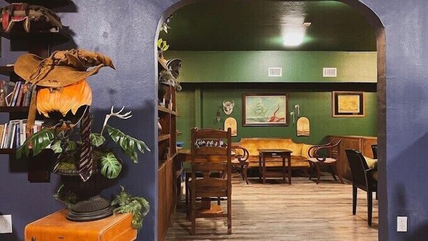 A room with a green wall, wooden furniture, and a bookshelf. - CentralCozy1BDR+PetsOK+Extended Stay Discount (Corpus Christi)
