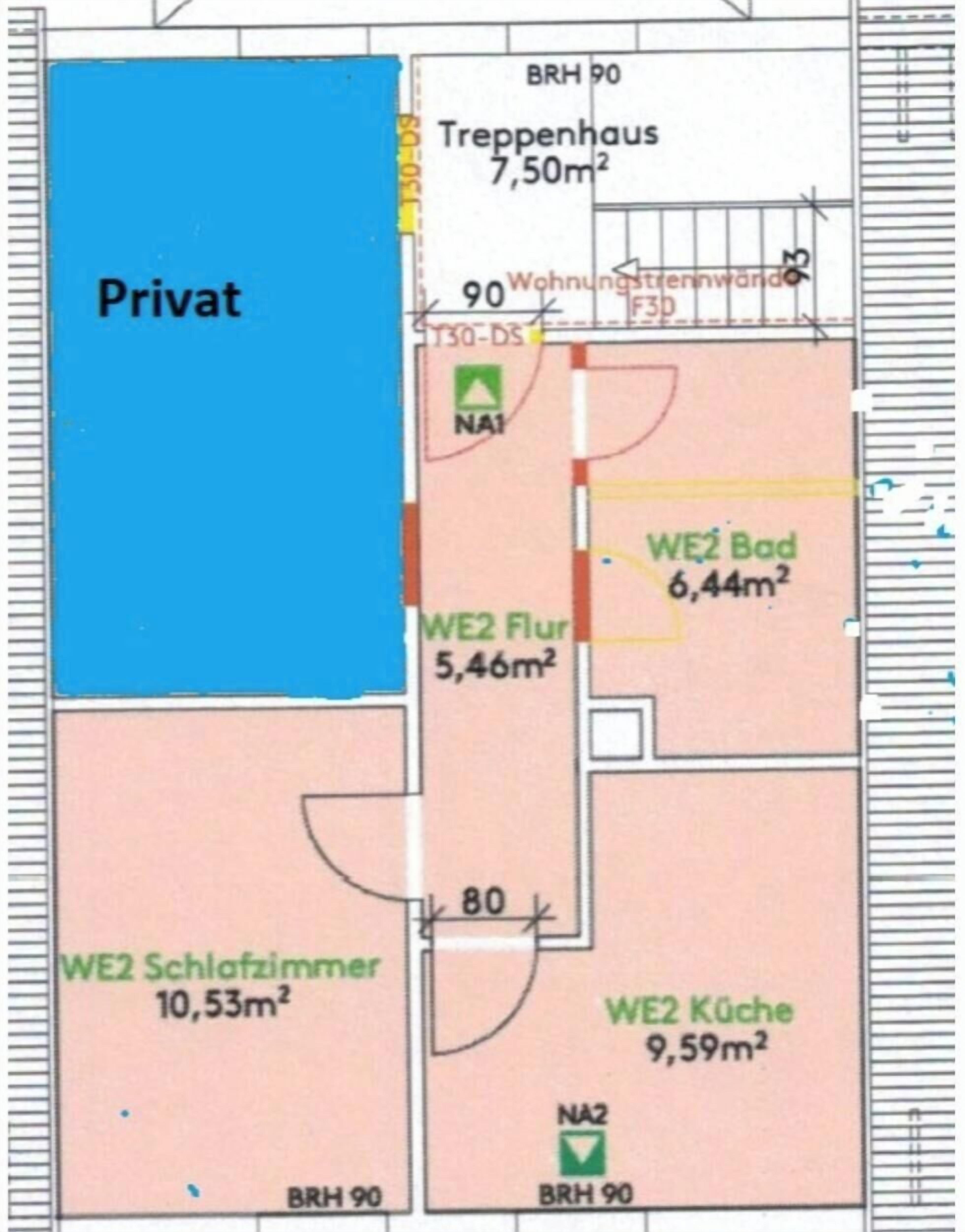 A floor plan with labeled rooms: a private area, a living room, a bedroom, a bathroom, and a kitchen.