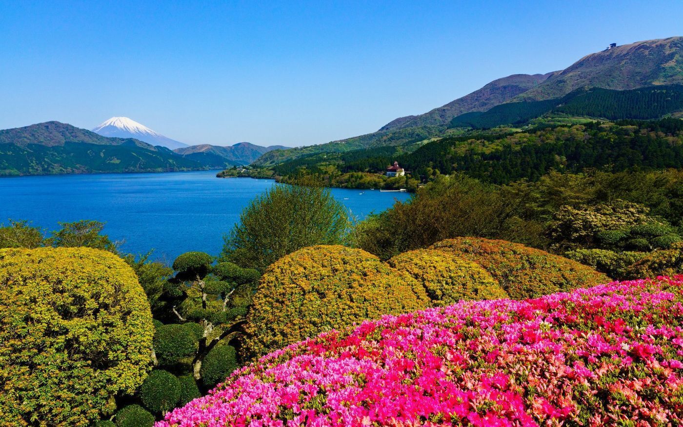 Vista panorámica de un lago con montañas al fondo, rodeado de jardines cuidados y un pequeño edificio.