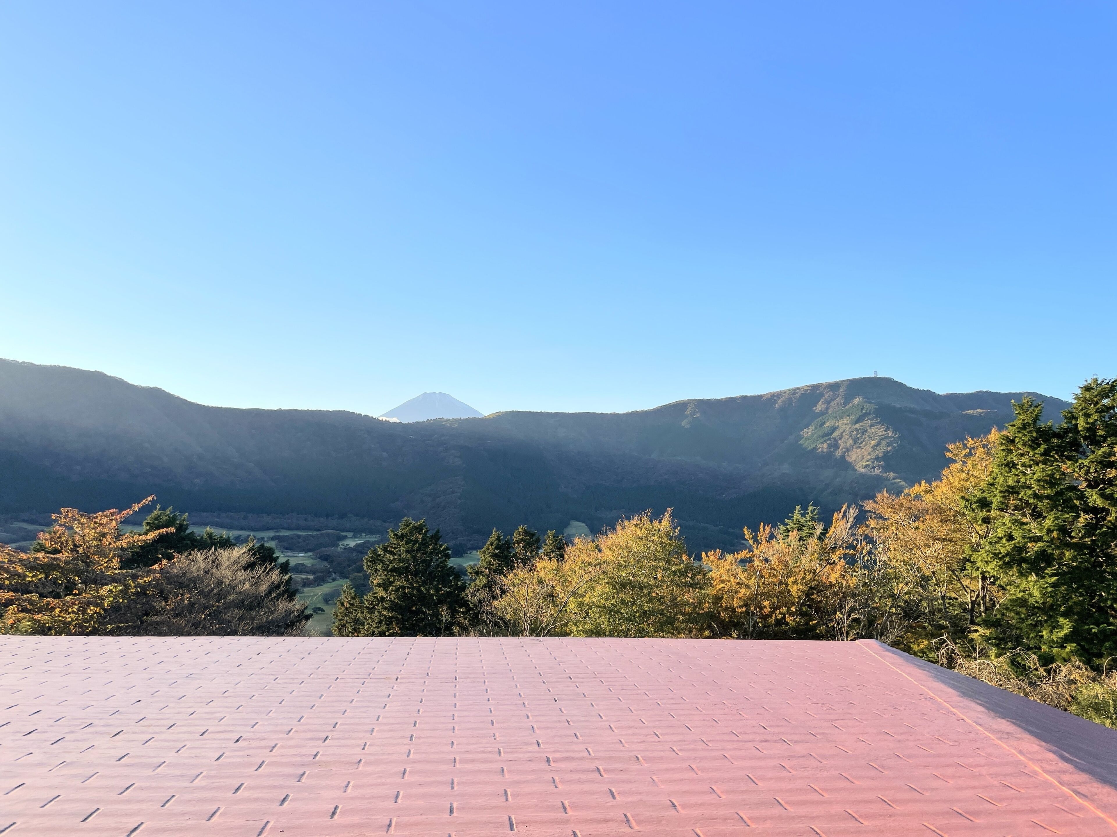 Una terraza empavedada con vistas a una cadena montañosa y árboles.