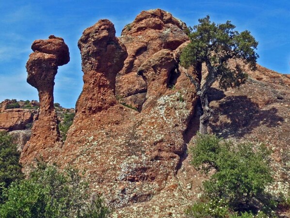 A rocky landscape with prominent rock formations and sparse vegetation.